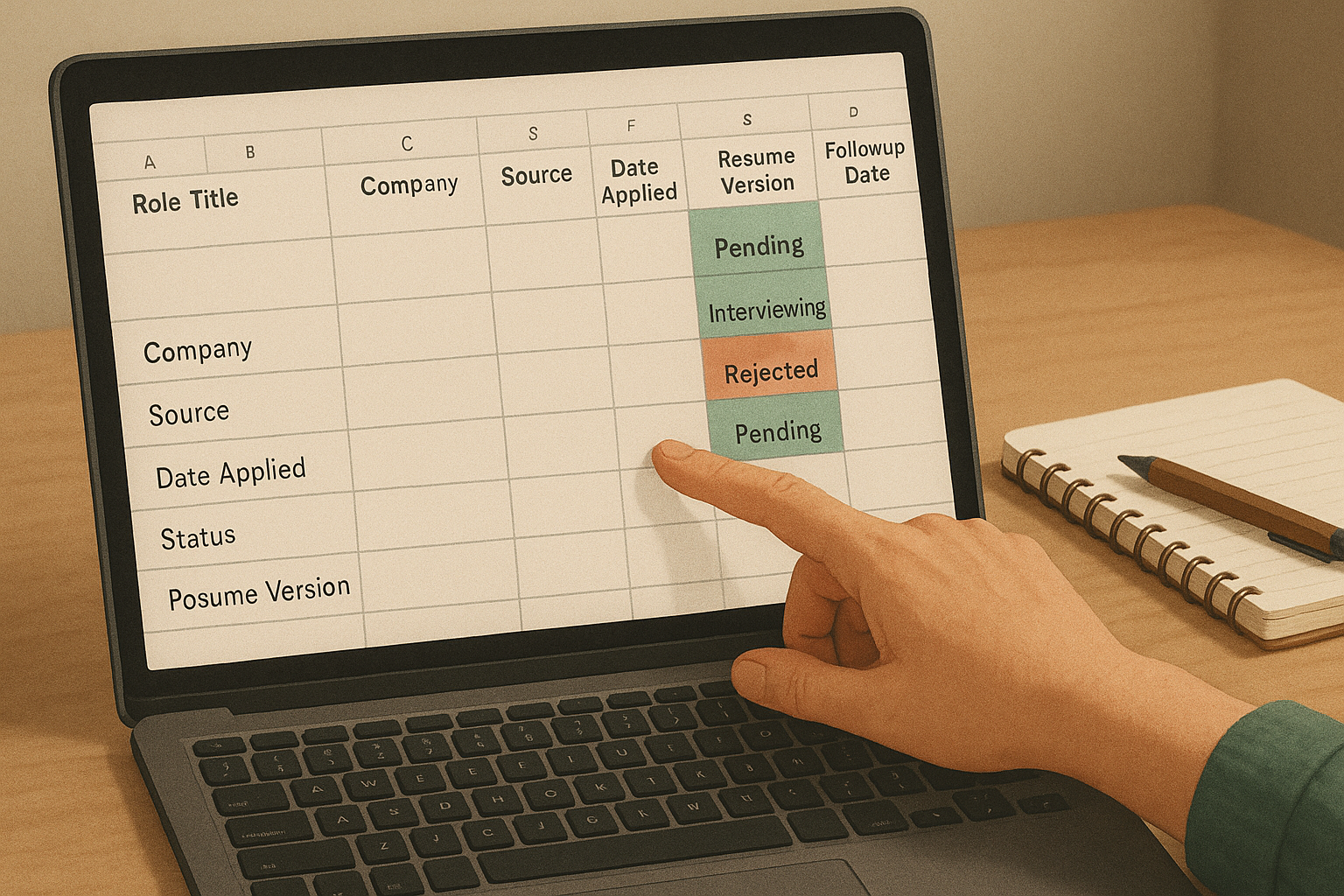 Close-up of a simple job application tracking spreadsheet with core fields and color-coded statuses.