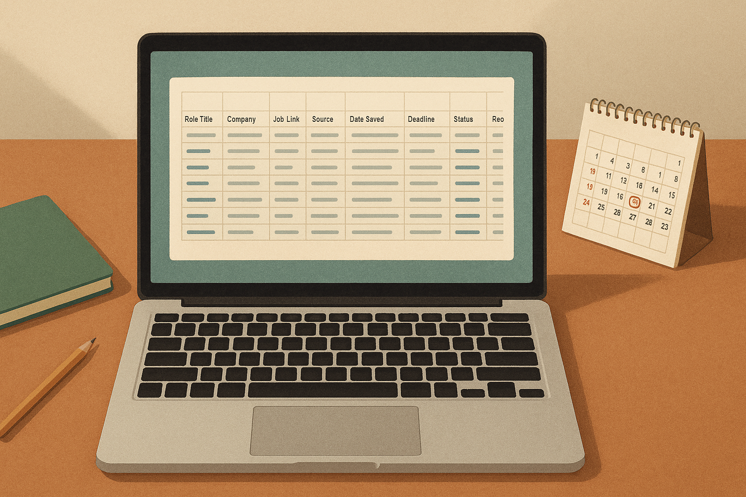 Overhead view of one master job application tracker with application fields and follow-up dates.