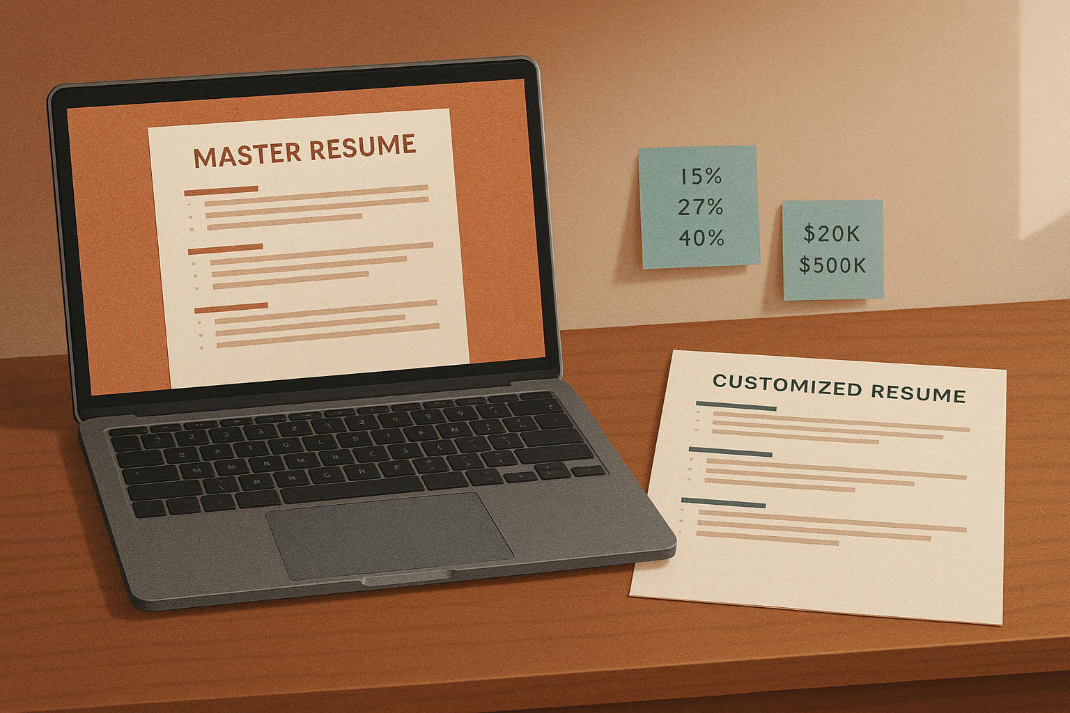 Master resume and tailored resume draft shown side by side with quantified achievements.
