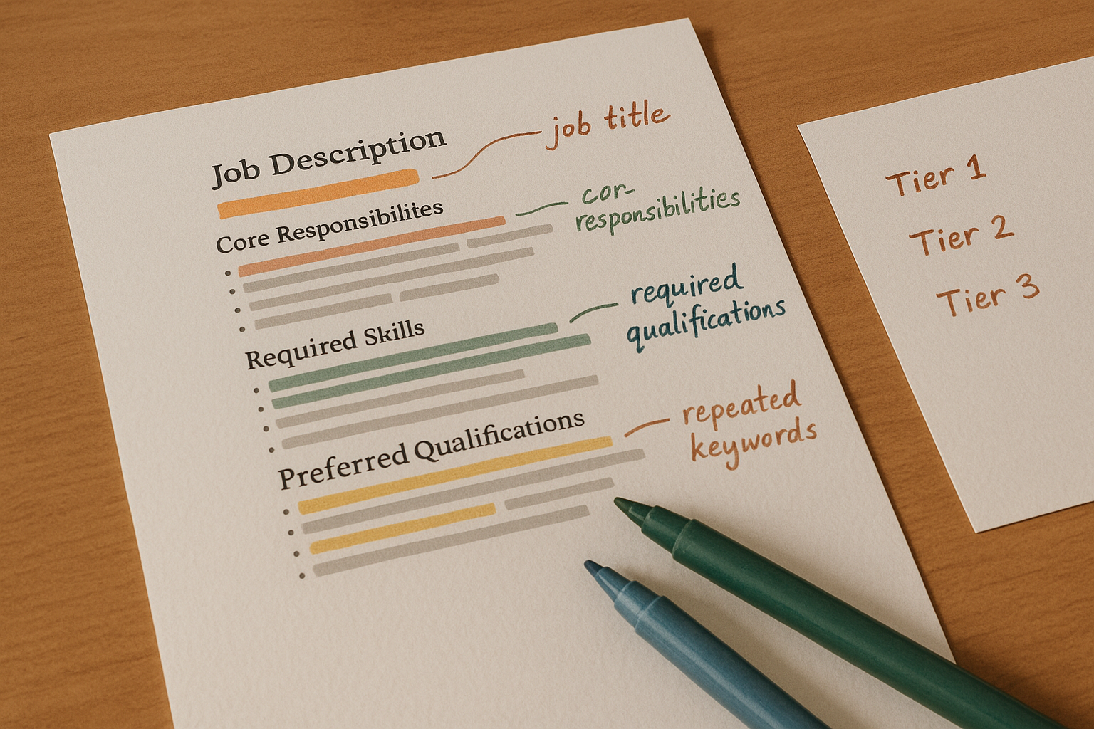 Marked-up job description with highlighted responsibilities, skills, and ranked keywords.